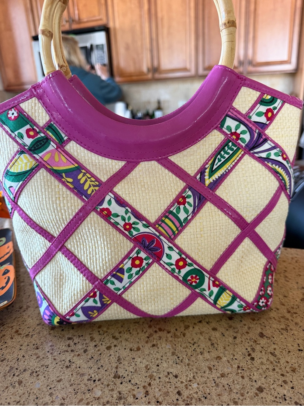 Vera Bradley Viva La Vera Straw Satchel with Pink Leather Trim and Bamboo Handle